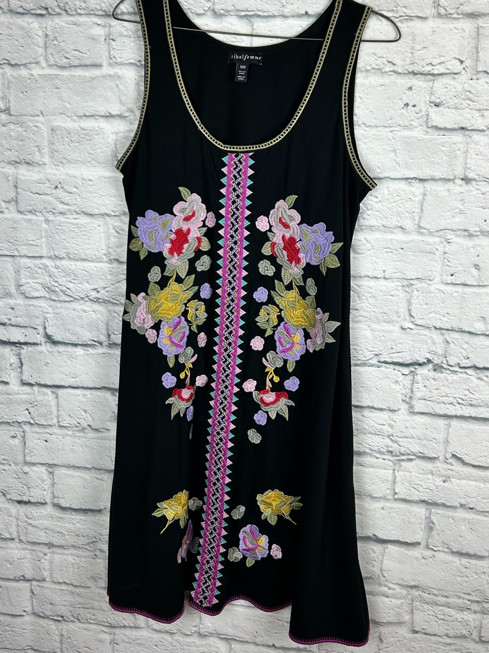 Tribal Femme Embroidered Floral Sleeveless Swing Dress Black Medium Boho Artsy